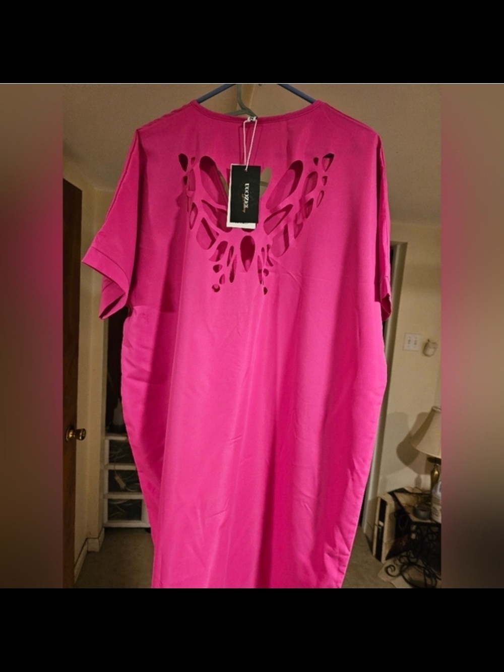 Women's Bright Fuchsia Short Sleeve Tunic with Decorative Cutout Back